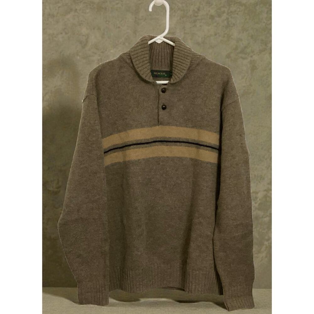 Beagle men's shawl collar pullover sweater brown horizontal striped pattern sz L